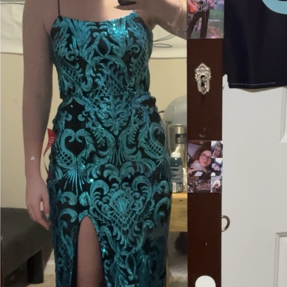 Next Up Pattern Sequin Cross Back Strap Long Dress - image 1